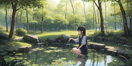 00216-3237360604-A girl is playing with water by the pond, surrounded by a quiet forest.png